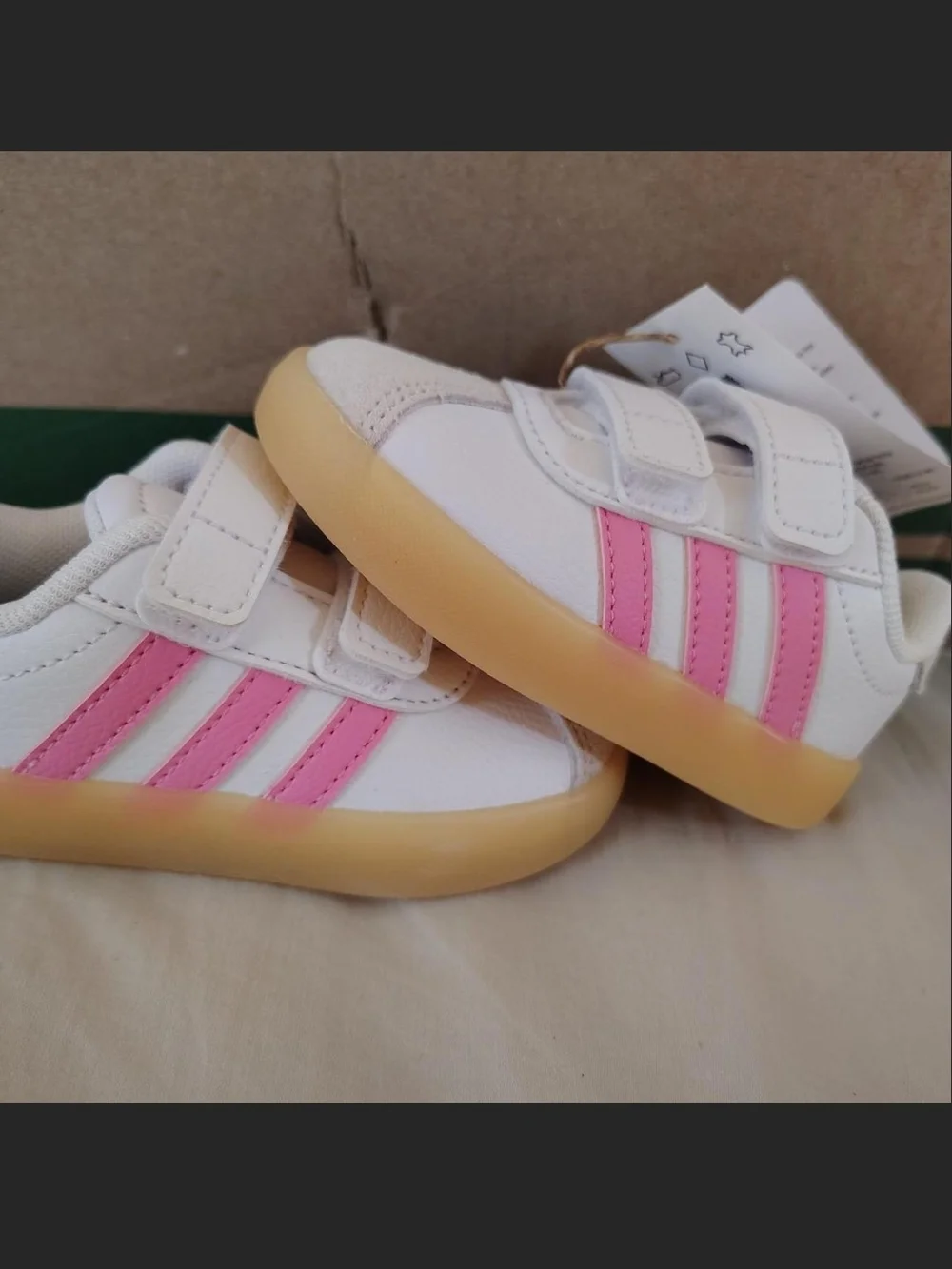adidas White Sneakers with Pink Stripes and Gum Soles - Kids